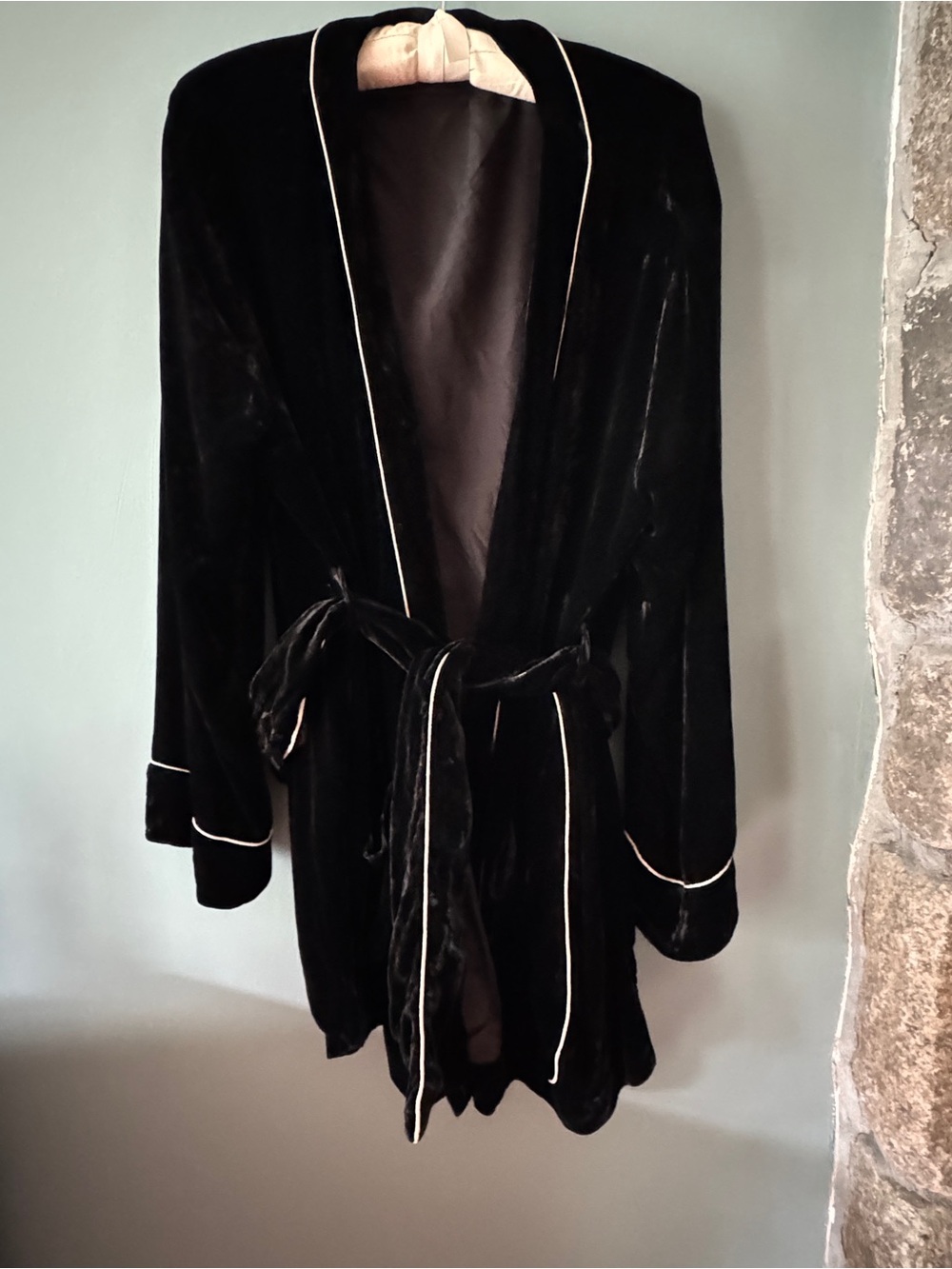 Johnny Was Black Velvet Robe with Cream Piping